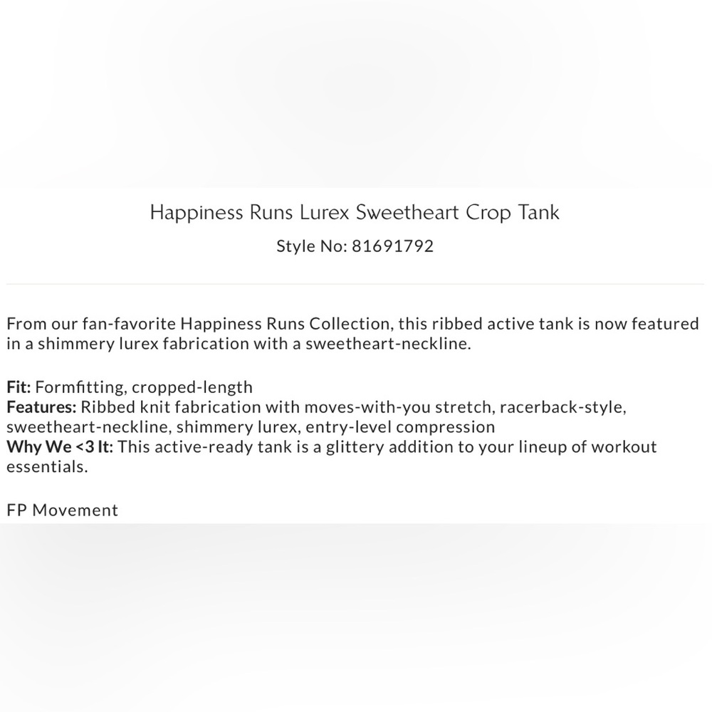 NWOT Free People Movement XS/S Happiness Runs Lurex Sweetheart Crop Tank New - Picture 6 of 8